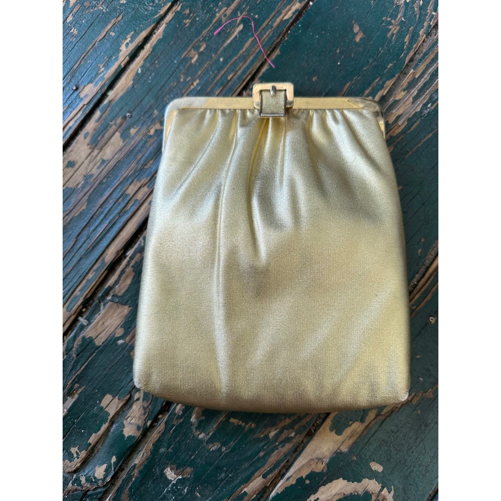 Vintage Gold Metallic Pleated Clutch Bag Buckle Clasp Evening Pouch